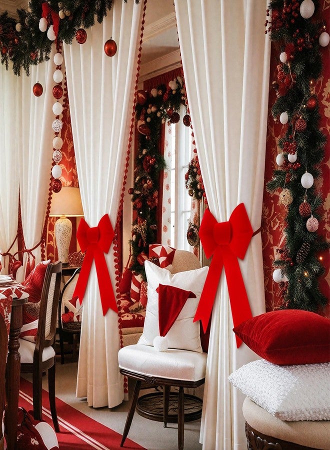 Solsew Christmas Decorations 2 Pcs 16'' Large Velvet Bow Curtain Tiebacks Bow Drapery Holdbacks Tie Rope for Holiday Christmas Indoor Home Decor, Burgundy Red - Image 3